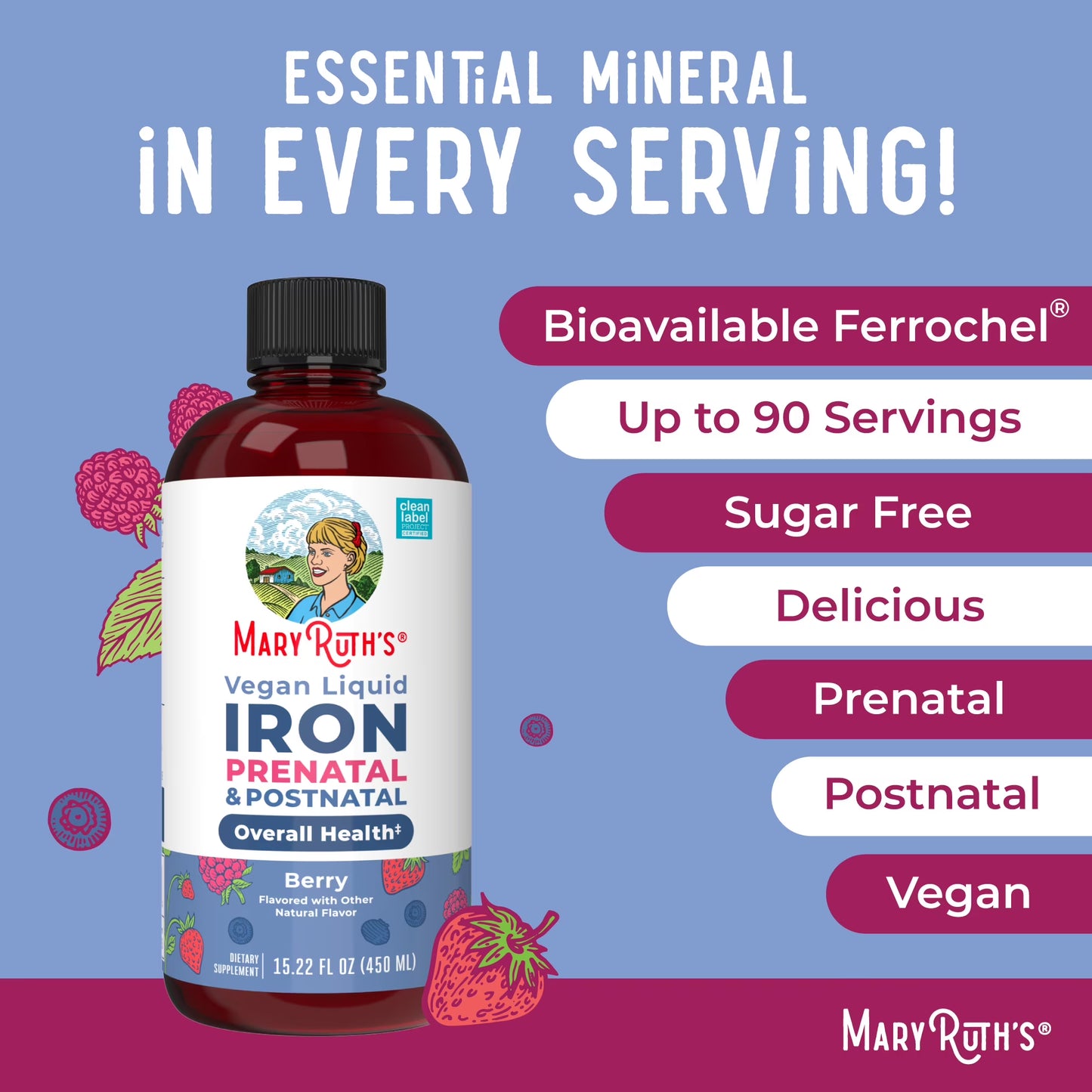 Prenatal Postnatal Iron Liquid Supplement, Immune Support, Cellular Health, Berry Flavor, Vegan, Dairy-Free, Gluten-Free, 15.22 Fl Oz