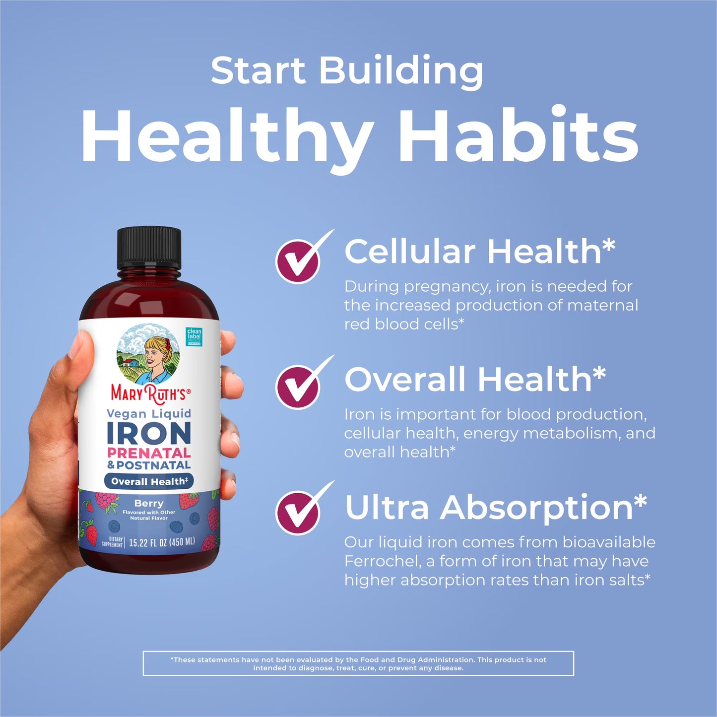 Prenatal Postnatal Iron Liquid Supplement, Immune Support, Cellular Health, Berry Flavor, Vegan, Dairy-Free, Gluten-Free, 15.22 Fl Oz