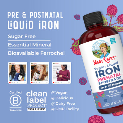 Prenatal Postnatal Iron Liquid Supplement, Immune Support, Cellular Health, Berry Flavor, Vegan, Dairy-Free, Gluten-Free, 15.22 Fl Oz